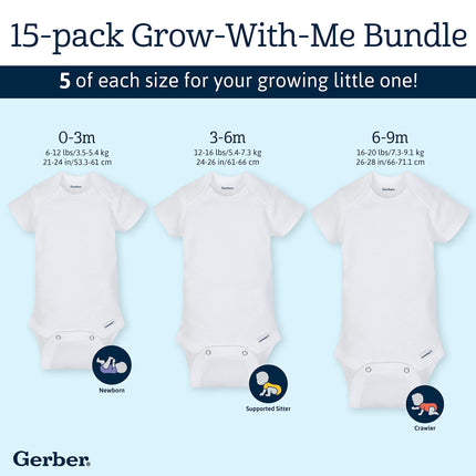 Paquete de 15 mamelucos Gerber para bebés "Grow with Me" en 3 tallas, color blanco, de 0 a 3 meses, 3 a 6 meses y 6 a 9 meses