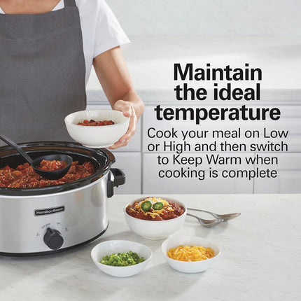 Hamilton Beach Slow Cooker, 6 Quart (5.7 L), Silver, 3 Heat Settings, Dishwasher Safe Stoneware Crock and Glass Lid, Serves 7+, Model 33665G