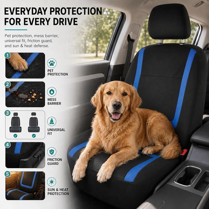 FH Group Car Seat Covers Front Set in Cloth -Car Seat Covers for Low Back Car Seats with Removable Headrest,Universal Fit,Automotive Seat Covers,Washable Car Seat Cover for SUV,Sedan,Van Blue