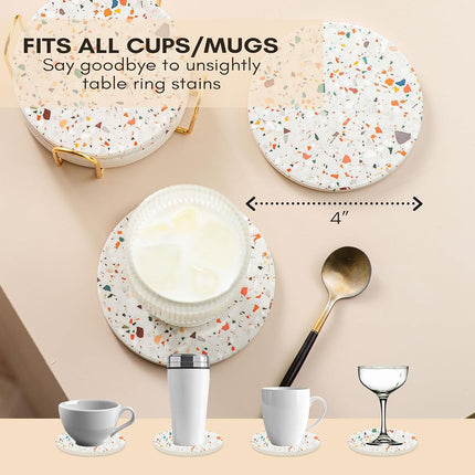 Absorbent Coaster Set of 6 with Holder, Drink Coasters for Coffee Table, Kitchen, Home Decor, Cute Ceramic Round Coasters, Alternative to Silicone, Cork or Glass Coaster (Black Marble)