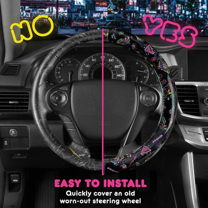 Housse de volant Hello Kitty, housse de volant de voiture officielle Sanrio de taille universelle 14,5-15, accessoires de voiture Hello Kitty noirs mignons pour femmes (Hello Kitty Kawaii Arcade)