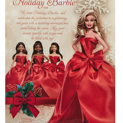 Barbie Signature Doll, 2026 Holiday Barbie Blonde Fashion Doll Wearing Red Gown with Bow, Seasonal Collector Doll in Displayable Packaging & Doll Stand