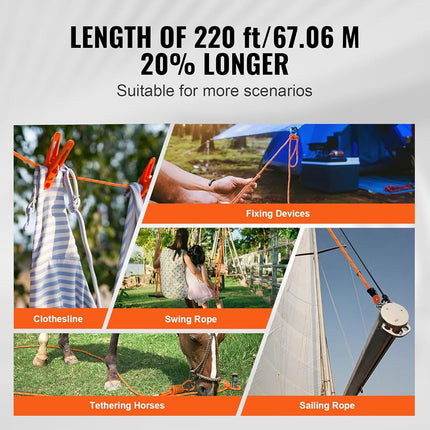 VEVOR Double Braided Polyester Rope, 1/2 Inch x 225 Yards, 48 Strands, 8000 Lb Breaking Strength, Outdoor Climbing Rope, Tree Care Rope for Rock Hiking, Camping, Swing, Rappelling, Rescue