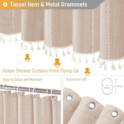 BTTN 48 x 72 Boho Linen Heavy Duty Cloth Shower Curtain Set, Tan/Taupe