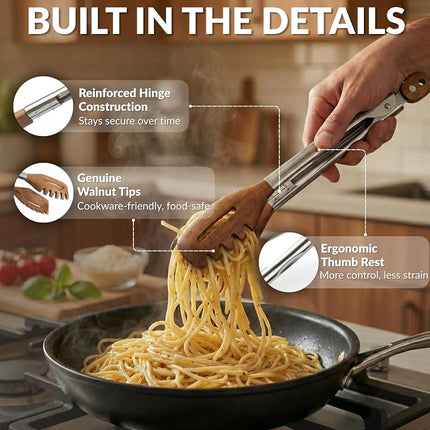 3-in-1 Kitchen Tongs & Pasta Server – 12 Inch Walnut Multifunction Tongs with Slotted Forked & Flat Tips for Pasta, Salad, Cooking and More – Elegant, Heat-Resistant Food Tongs for Home Cooks & Chefs