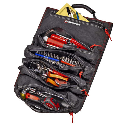 Powerbuilt Pro Tool Bag Roll Organizer, Portable, Great for Off-Road, Heavy Duty 1200D Polyester, 18-1/2 in. x 15 in. Open Size, Hanging Strap, Carry Handle, 5 Zipper Pockets, 14 Wrench Slots