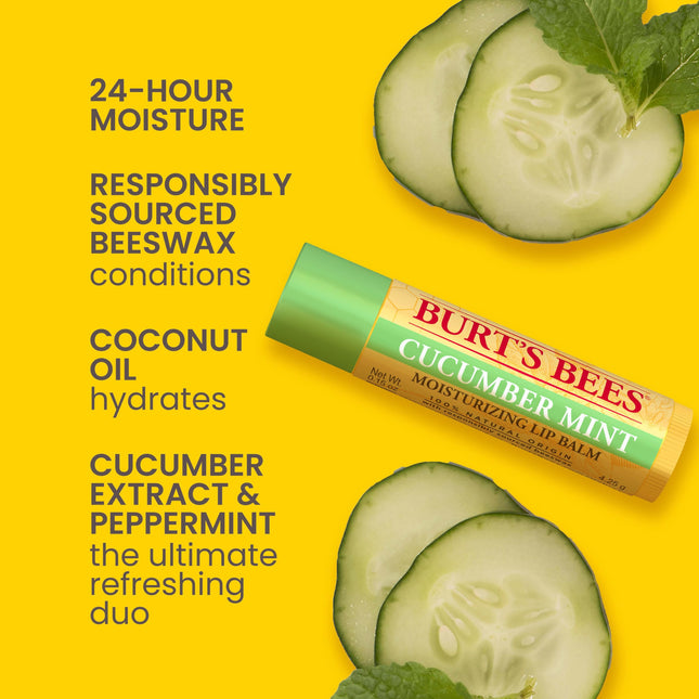 Burts Bees Freshly Picked Moisturizing Lip Balm Blister Pack for Unisex 4 x 0.15 oz Lip Balm Watermelon, Sweet Mandarin, Beeswax, Cucumber Mint,Multi-Color