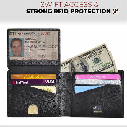 BULL GUARD Portefeuille en cuir pour homme, RFID, pliant, avec porte-cartes d'identité relevable, en cuir Saffiano noir