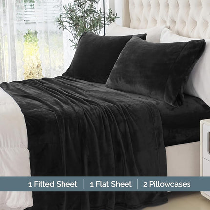 Elegant Comfort Luxuriously Soft 4-Piece Velvet Plush Flannel Sheet Set - Premium Quality - Cozy Warm, Anti-Static, Non Pilling Fuzzy Velvet Flannel Fleece Deep Pocket Sheet Set - Twin XL, Black