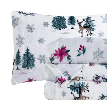 Elegant Comfort Luxuriously Soft 4-Piece Holiday Velvet Plush Flannel Sheet Set - Premium Quality - Cozy Warm, Christmas Fuzzy Velvet Flannel Fleece Deep Pocket Sheet Set - Twin XL, Christmas Wreath