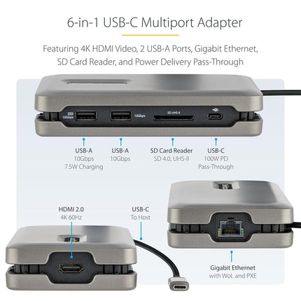 StarTech 6-in-1 USB-C Dock, 4K 60Hz HDMI HDR10, GbE, SD, MacBook M1-M4