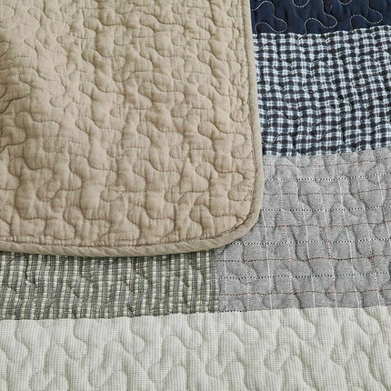 Chezmoi Collection Dylan 2-Piece Navy Blue White Gray Taupe Plaid Rectangular Patchwork Quilt Set - Pre-Washed Cotton Coverlet - Lightweight Bedspread for All Seasons, Twin Size