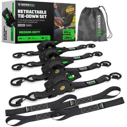 Bridas de trinquete retráctiles (paquete de 4) 540 kg de resistencia máxima garantizada, incluye (4) bridas retráctiles automáticas Ultimate de 2,5 cm x 3 m con mangos acolchados, negras
