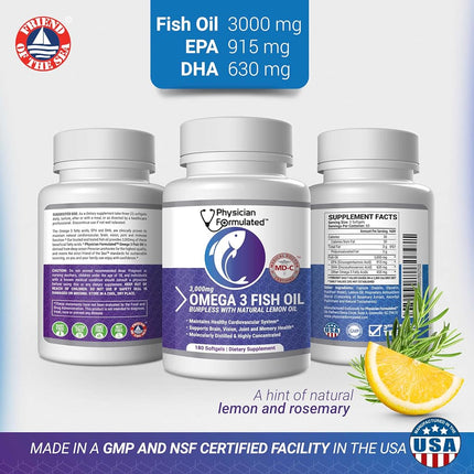 Huile de Poisson Omega 3 3000mg par Portion – 915mg Epa, 630mg Dha, 2000mg Oméga 3 6 9 Total XL – 180 Capsules, Formule Mise au Point par des Médecins