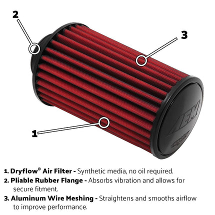 AEM 21-2036DK Universal DryFlow Clamp-On Air Filter: Round Straight; 3 in (76 mm) Flange ID; 6.5 in (165 mm) Height; 5 in (127 mm) Base; 5 in (127 mm) Top
