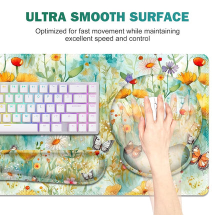 Gaming Mouse Pad, Large Desk Mat, Cute Desk Pad Protector, 4in1 XXL Mousepad + Keyboard Wrist Rest+Mouse Wrist Rest+Coaster Set with Ergonomic Desk Pad for Home Office PC Computer, Yellow Flowers