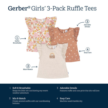 Lot de 3 t-shirts à manches courtes pour bébé fille Gerber, motifs Good Times, 12 mois
