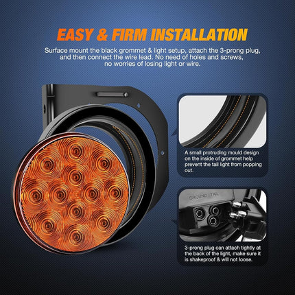 Nilight 4Inch Round Trailer Tail Light with flush Mount Grommets Plugs w/Mounting Brackets 2PCS Amber Waterproof Turn Signals Trailer Lights for RV Truck Trailer