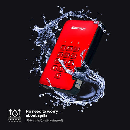 iStorage diskAshur2 HDD 1TB Red - Secure portable hard drive - Password protected - Dust & water resistant - Hardware Encryption