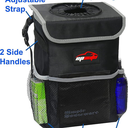 EPAuto Waterproof Car Trash Can with Lid and Storage Pockets, Black