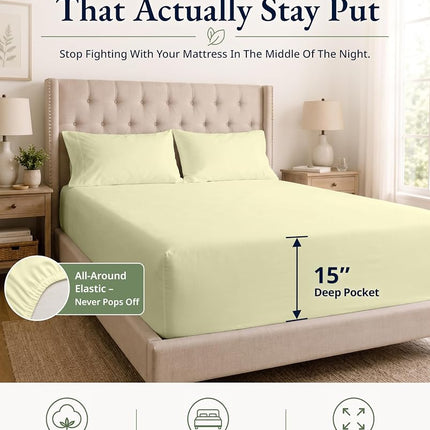 Lane Linen - Fitted Sheet Set - 100% Organic Cotton, Ultra Soft Percale Weave, 2 Piece (1 Fitted Sheet 15" Deep & 1 Pillowcase) - Twin, Vanilla
