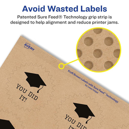 Étiquettes étoile Kraft marron Avery avec Sure Feed, 5,7 cm, 600 étiquettes kraft marron, impression bord-à-bord, étiquettes imprimables laser/jet d'encre