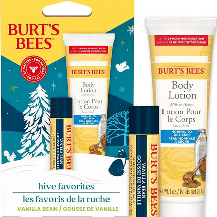 Burt's Bees Gift Set for Lip & Body, Vanilla Bean Lip Balm & Mini Milk & Honey Body Lotion, Hive Favorite Limited Edition