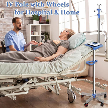 Ozzptuu Medical IV Pole with wheels Stainless Steel Adjustable 57" to 79" Height IV Stand with Tray and 4 Hooks for IV Hospital Home Infusion Practice and Therapy