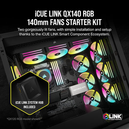 Corsair iCUE LINK QX140 RGB 140mm Magnetic Dome RGB Fans - Double Fan Starter Kit with iCUE LINK System Hub - Black