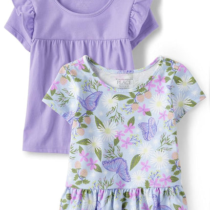 The Children's Place Baby Toddler Girls Ruffle Top 2 Pack, Purple/Butterfly Floral, 2T