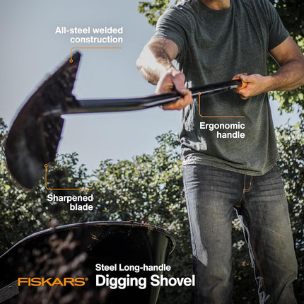 Fiskars Long Handle Round Point Steel Digging Shovel