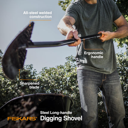 Fiskars Long Handle Round Point Steel Digging Shovel