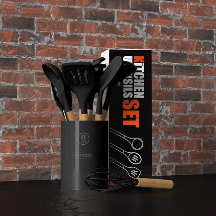 Silicone Cooking Utensils Set - 446°F Heat Resistant Silicone Kitchen Utensils for Cooking,Kitchen Utensil Spatula Set w Wooden Handles and Holder, Gadgets for Non-Stick Cookware BPA Free (Black)
