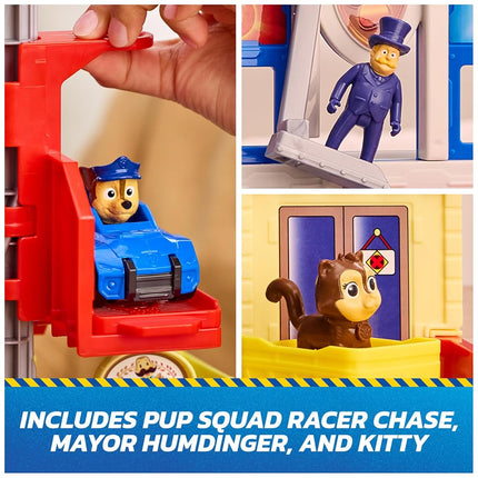 Paw Patrol: Brigade canine, Coffret QG Mission détective avec véhicule de course Brigade canine Chase, figurine articulée Hellinger et figurine chat, jouets pour garçons et filles à partir de 3 ans