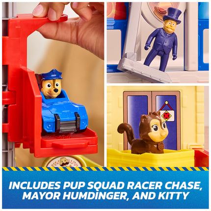Paw Patrol: Brigade canine, Coffret QG Mission détective avec véhicule de course Brigade canine Chase, figurine articulée Hellinger et figurine chat, jouets pour garçons et filles à partir de 3 ans