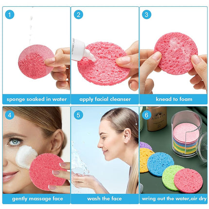 50 Pieces Compressed Natural Facial Sponges Round Soft Face Exfoliator Cleansing Sponge Reusable Cosmetic Sponge with Clear Plastic Sponge Storage Jar for Exfoliating, Makeup Removal (Multi-Color)