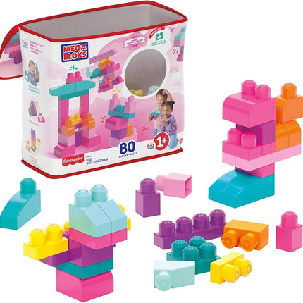 MEGA BLOKS Fisher-Price Toddler Block Toys, Big Building Bag with 80 Pieces and Storage Bag, Pink, Gift Ideas for Kids Age 1+ Years, DCH62