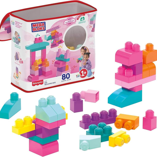 MEGA BLOKS Fisher-Price Toddler Block Toys, Big Building Bag with 80 Pieces and Storage Bag, Pink, Gift Ideas for Kids Age 1+ Years, DCH62