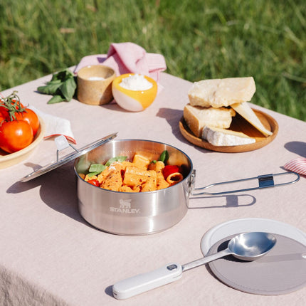 Stanley Wildfare Pro 5-Piece Stainless Steel Saucepan Cook Set | 2 qt Saucepan with Fold & Lock Handle | Cutting Board and Spoon | Camping Essentials for Your Camp Kitchen | BPA-Free