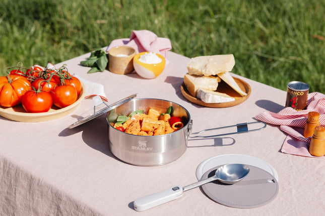 Stanley Wildfare Pro 5-Piece Stainless Steel Saucepan Cook Set | 2 qt Saucepan with Fold & Lock Handle | Cutting Board and Spoon | Camping Essentials for Your Camp Kitchen | BPA-Free