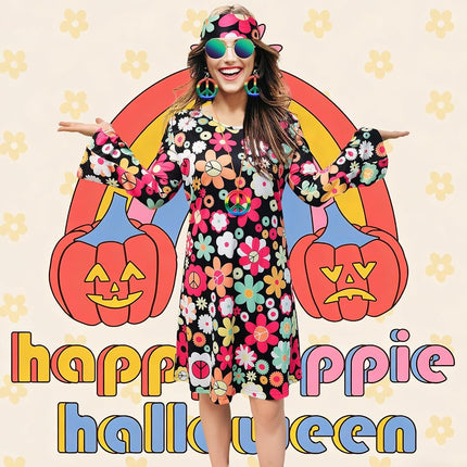 MRYUWB 70s Hippie Dress Costumes Necklace Earrings Sunglass Women Disco Outfit, 60s Party Costume, Halloween Retro Dresses (Flower Power Black, Medium)