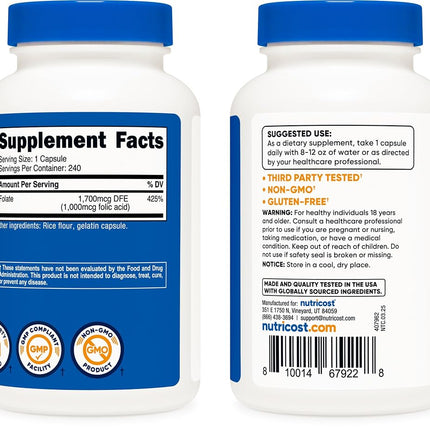 Nutricost Folic Acid (Vitamin B9) 1000 mcg, 240 Capsules