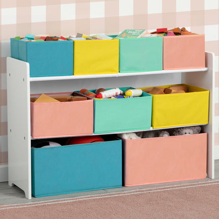 Organizador de juguetes de lujo con varios compartimentos y contenedores de almacenamiento de Delta Children, con certificación Greenguard Gold, blanco con contenedores azules/naranjas/en tonos pastel