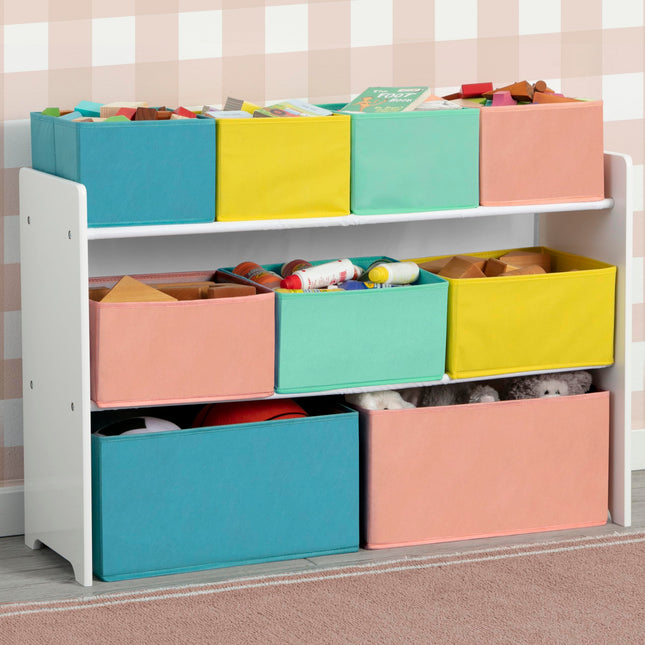 Organisateur de Jouets Multi-Bacs Deluxe Delta Children avec Bacs de Rangement - Certifié Greenguard Gold, Blanc avec Bacs Bleu/Orange/Pastel
