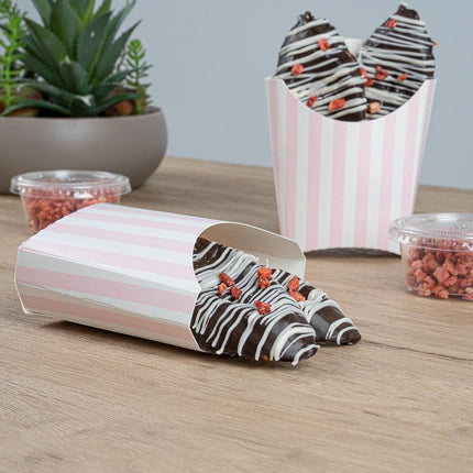Bio Tek 3.9 x 2.6 x 3.5 Inch French Fry Cup, 100 Disposable Snack Cups - Stackable, Sustainable, Pink and White Paper 2 Ounce Fry Holder, for Fries, Onion Rings, Popcorn, or Cookies - Restaurantware