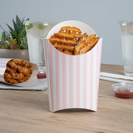 Bio Tek 4.7 x 3.5 x 5.1 Inch French Fry Cup, 100 Disposable Snack Cups - Stackable, Sustainable, Pink and White Paper 4 Ounce Fry Holder, for Fries, Onion Rings, Popcorn, or Cookies - Restaurantware