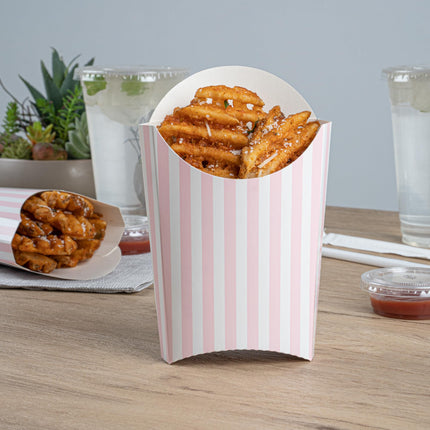 Bio Tek 4.7 x 3.5 x 5.1 Inch French Fry Cup, 100 Disposable Snack Cups - Stackable, Sustainable, Pink and White Paper 4 Ounce Fry Holder, for Fries, Onion Rings, Popcorn, or Cookies - Restaurantware