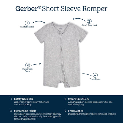 Grenouillère Unisexe Bébé Gerber Ultra Douce à Manches Courtes en Viscose d'Eucalyptus, Gris Glacier, 12 Mois