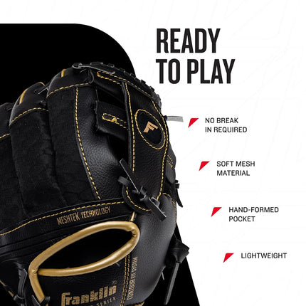 Franklin Sports Kids Baseball Gloves - Meshtek Child's Tball Glove + Ball Set - Boys + Girls Teeball Mitt Set - Kids + Toddler - Right Hand Throw - 9.5", Black/Gold