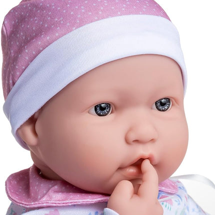 JC Toys - La Baby Muñeca de 51 cm tiene un cuerpo suave y lavable, biberón mágico y chupete, rosa y blanco, floral, diseñada en España, 2 años